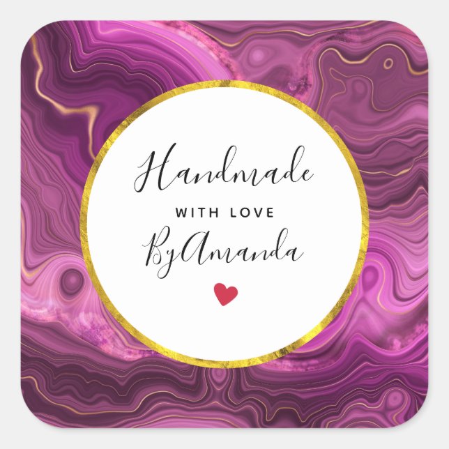 Made with Love Purple And Gold Abstract Agate Square Sticker (Front)