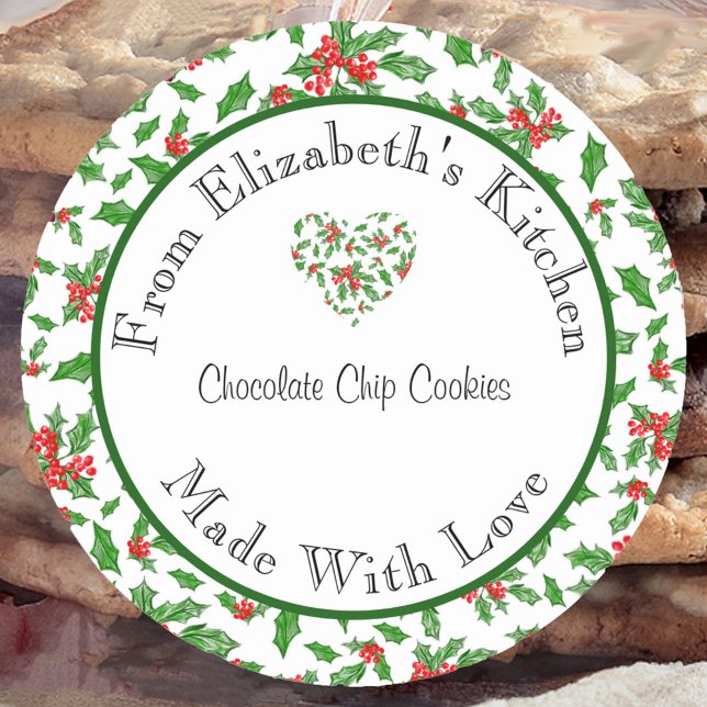 Made With Love Red and Green Holly Home Baked Gift Classic Round Sticker (Creator Uploaded)