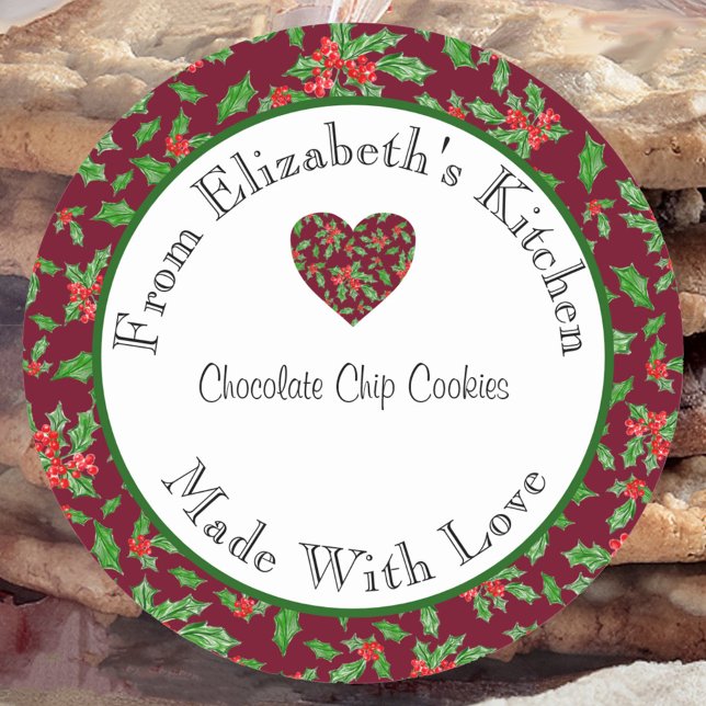 Made With Love Red and Green Holly Home Baked Gift Classic Round Sticker (Creator Uploaded)