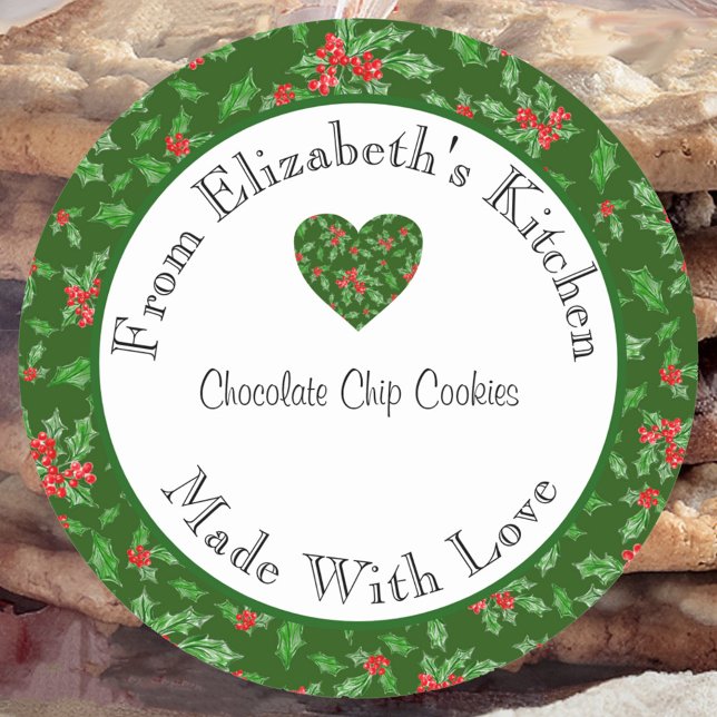 Made With Love Red and Green Holly Home Baked Gift Classic Round Sticker (Creator Uploaded)