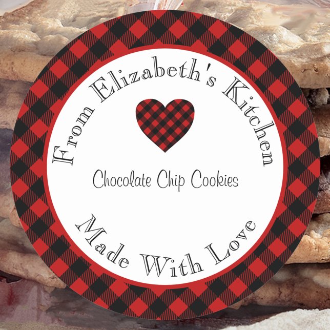 Made With Love Red Buffalo Plaid Food Gift  Classic Round Sticker (Creator Uploaded)