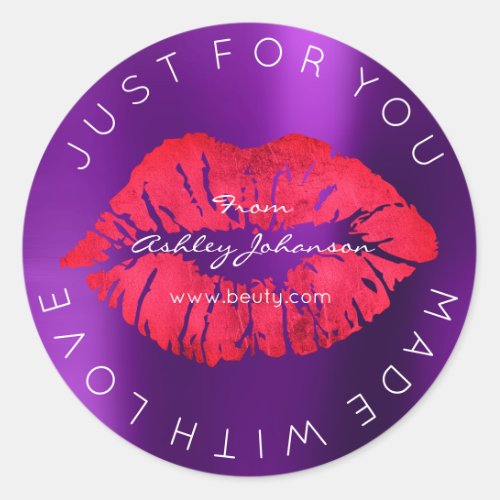 Made With Love Red Lipstick Purple Makeup Lips Classic Round Sticker