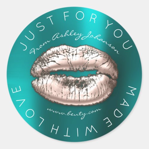 Made With Love Rose Kiss Pink Teal Makeup Lips Classic Round Sticker