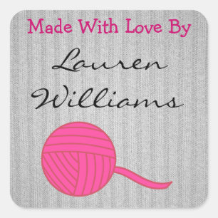 Made With Love Round Pink Ball of Yarn Grey Knit Square Sticker