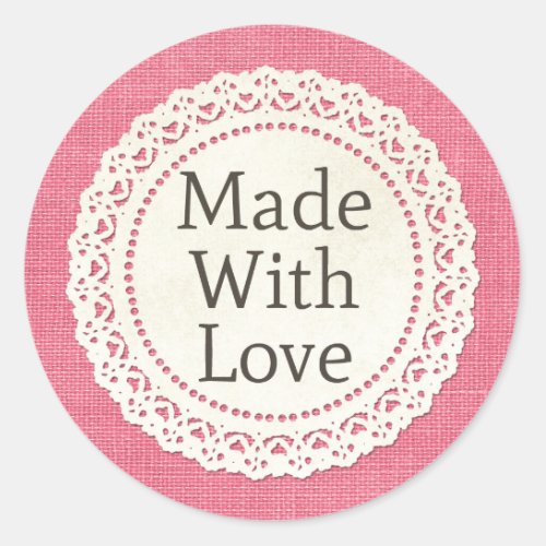 Made With Love Rustic Country Lace Doily on Burlap Classic Round Sticker