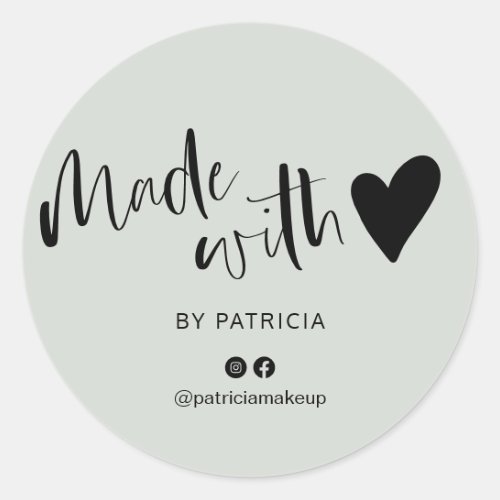 Made with love script minimalist sage green classic round sticker