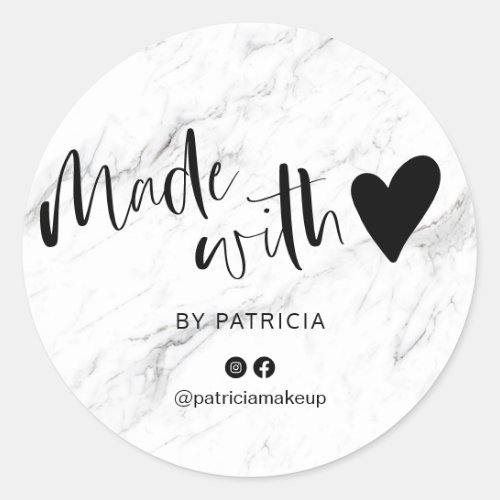 Made with love script minimalist white marble classic round sticker