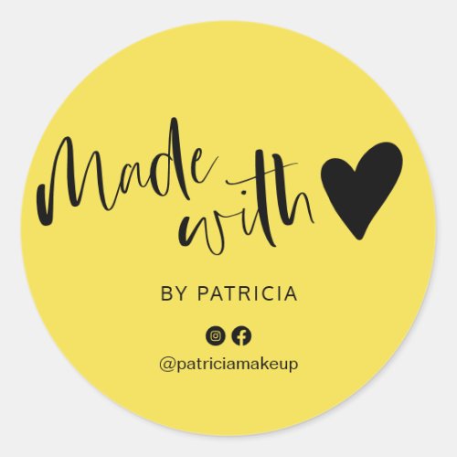 Made with love script minimalist yellow classic round sticker