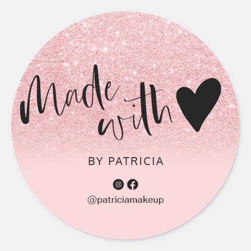 Made with love script pink glitter sparkles classic round sticker