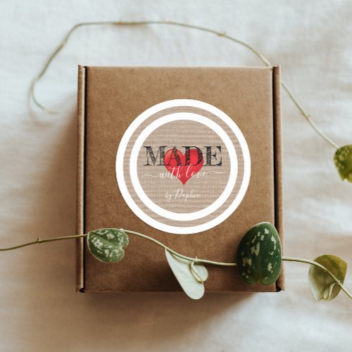 Made With Love Script Red Heart On Linen Texture Classic Round Sticker