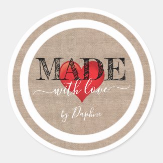 Made With Love Script Red Heart On Linen Texture Classic Round Sticker