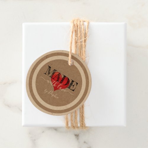 Made With Love Script Red Heart On Linen Texture Favor Tags