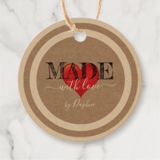 Made With Love Script Red Heart On Linen Texture Favor Tags