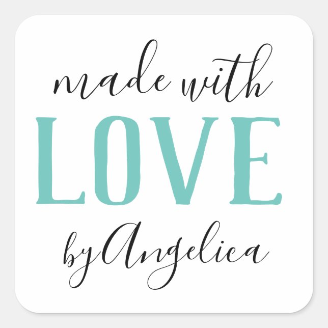 Made with Love Script Turquoise Business Square Sticker (Front)