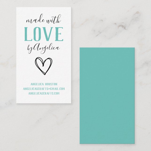 Made with Love Script Turquoise Heart Business Card (Front/Back)