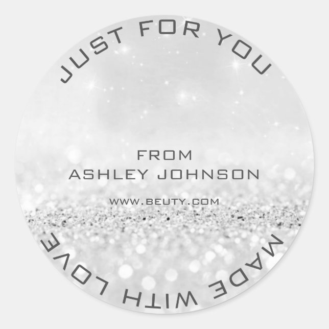 Made With Love Silver Gray Glitter Sparkly Name Classic Round Sticker (Front)