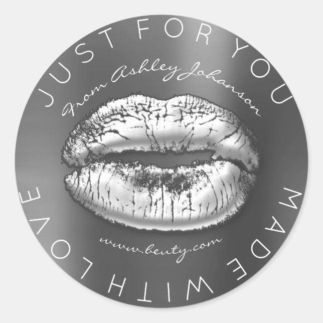 Made With Love Silver Lipstick Gray Makeup Lips Classic Round Sticker (Front)