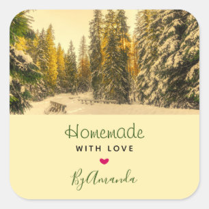 Made with Love Snow Covered Pine Trees Square Sticker
