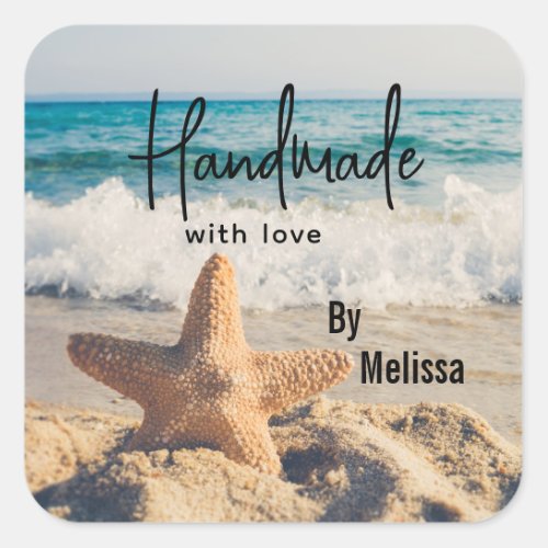 Made with Love Starfish on a Sandy Beach Photo Square Sticker