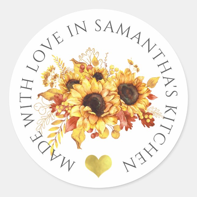 Made With Love Sunflower Classic Round Sticker (Front)