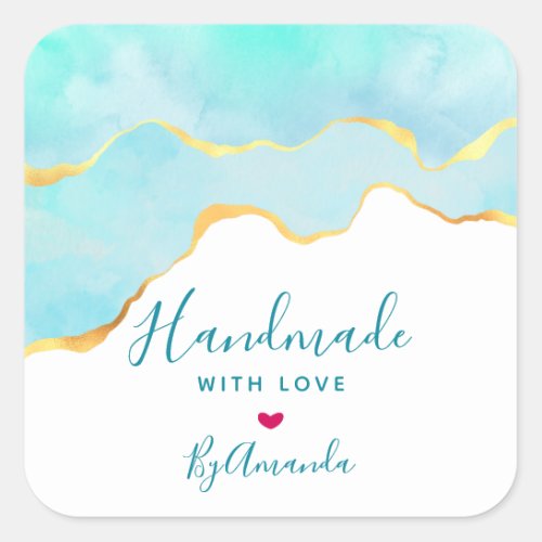 Made with Love Tropical Green  Gold Wavy Border Square Sticker