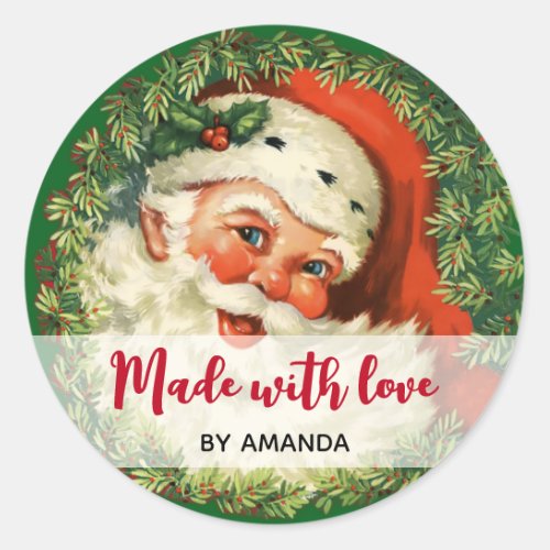 Made with Love Vintage Santa Claus  Pine Wreath Classic Round Sticker