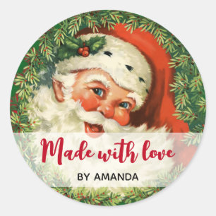 Made with Love Vintage Santa Claus & Pine Wreath Classic Round Sticker