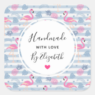 Made with Love Whimsical Flamingo & Pineapple Square Sticker