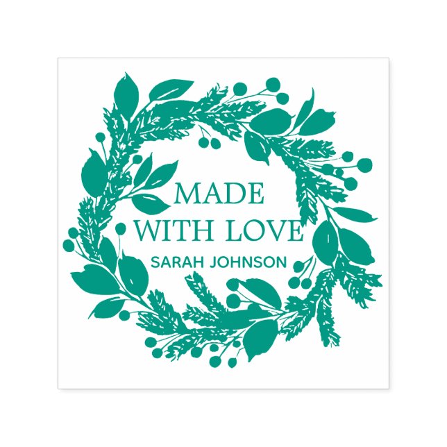 Made With Love Winter Foliage Wreath Personalized Self-inking Stamp (Design)