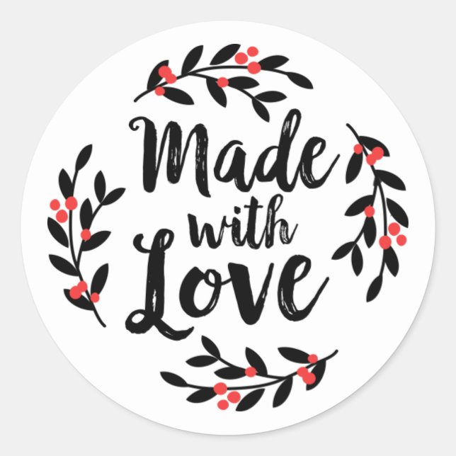 Made With Love Wreath Script Classic Round Sticker (Front)