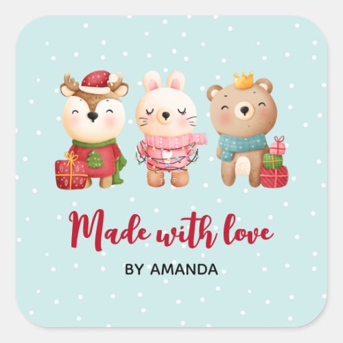 Made with Love Xmas Animals in Festive Outfits Square Sticker
