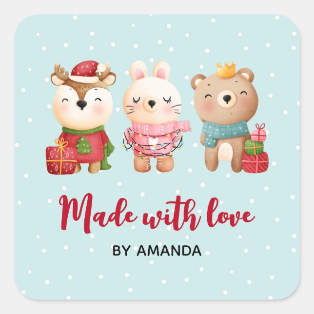 Made with Love Xmas Animals in Festive Outfits Square Sticker (Front)