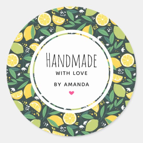 Made with Love Yellow Lemon and Lime Fruit Pattern Classic Round Sticker