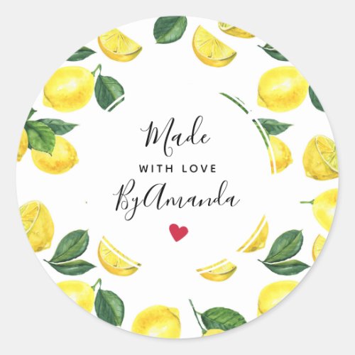Made with Love Yellow Lemons Watercolor Pattern Classic Round Sticker