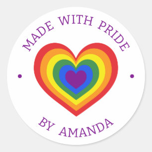 Made With Pride LGBTQ Rainbow Heart Custom Name Classic Round Sticker