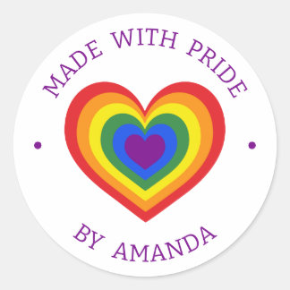 Made With Pride LGBTQ Rainbow Heart Custom Name Classic Round Sticker