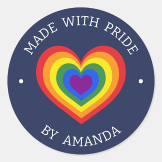 Made With Pride LGBTQ Rainbow Heart Your Name Navy Classic Round Sticker