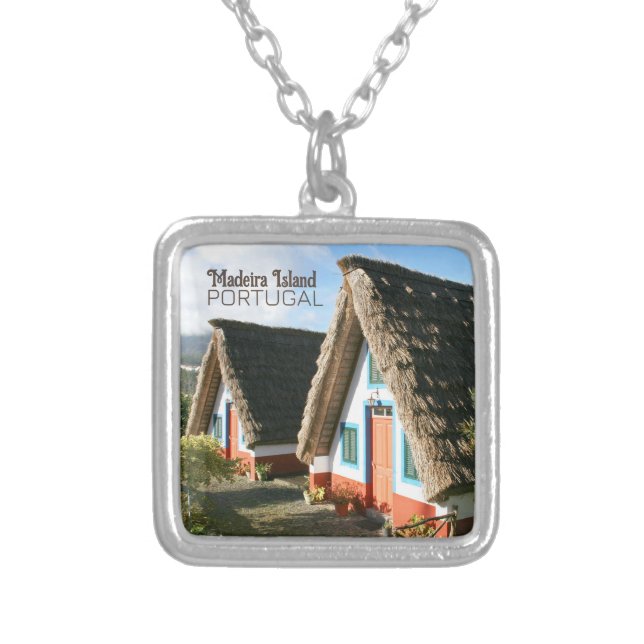 Madeira Island photo with Typical Houses, Portugal Silver Plated Necklace (Front)