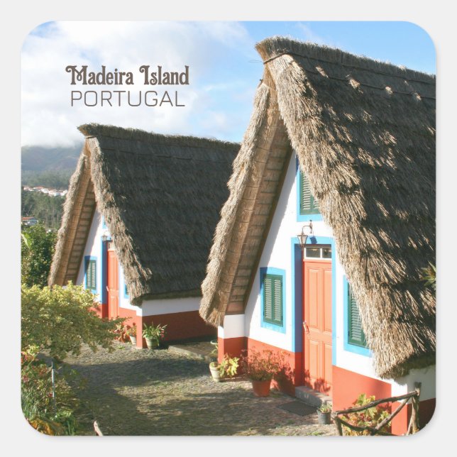 Madeira Island photo with Typical Houses, Portugal Square Sticker (Front)