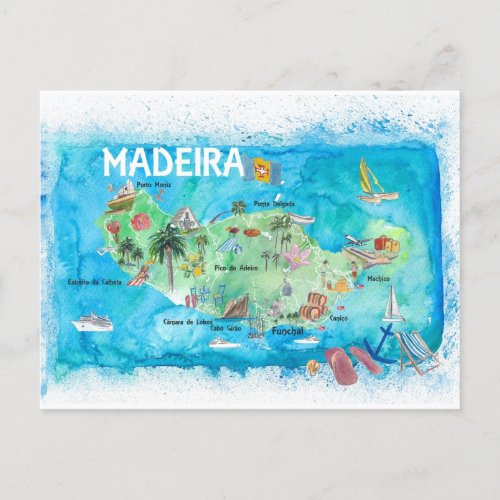 Madeira Portugal Island Illustrated Map Holiday Postcard
