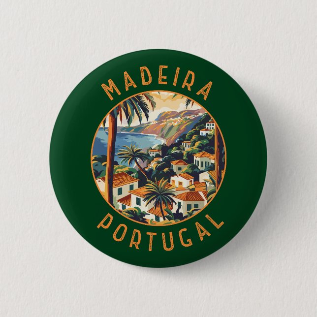 Madeira Portugal Retro Distressed Circle Button (Front)