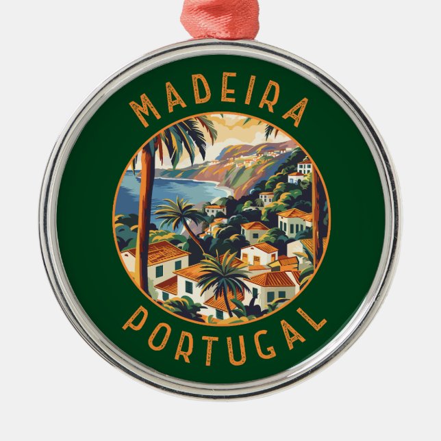 Madeira Portugal Retro Distressed Circle Metal Ornament (Front)
