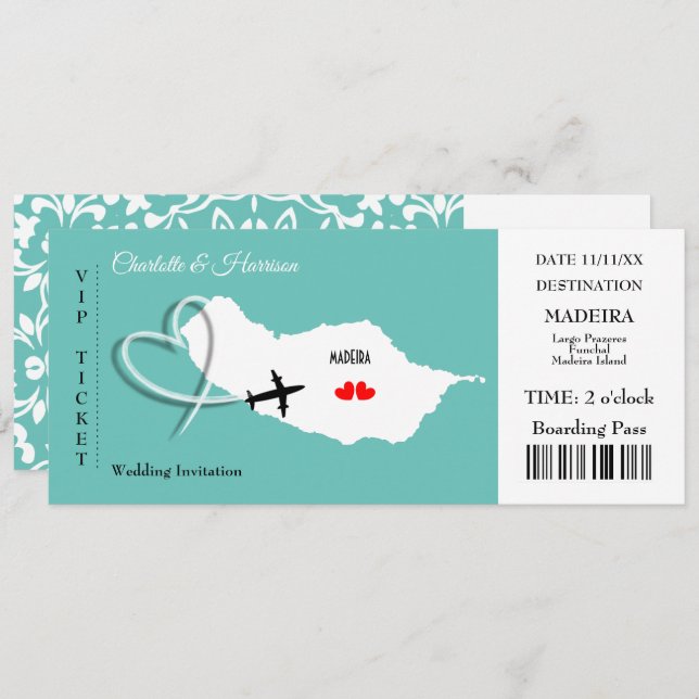 Madeira Wedding Destination Ticket Boarding Pass Invitation (Front/Back)