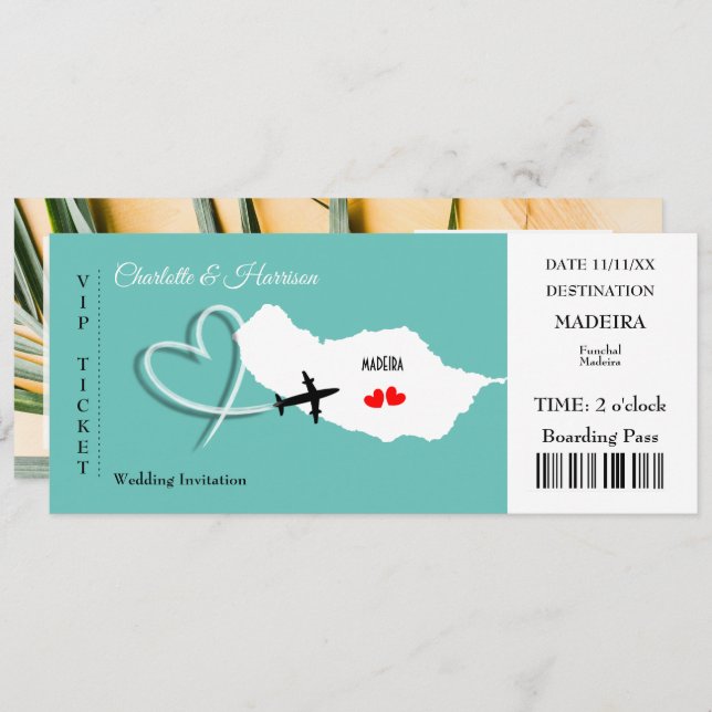Madeira Wedding Destination Ticket Boarding Pass Invitation (Front/Back)