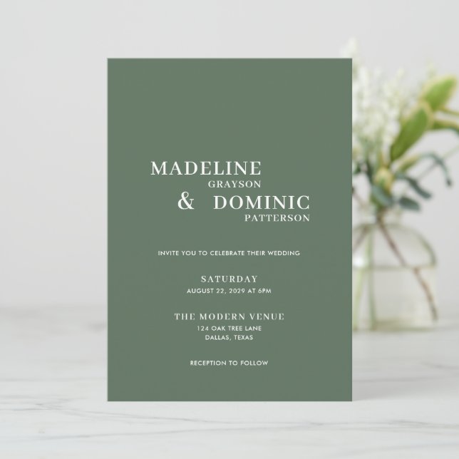 Madeline Forest Green Simple Modern Wedding Invitation (Standing Front)