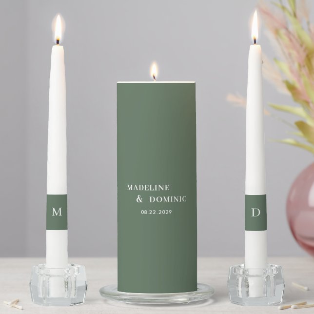 Madeline Forest Green Simple Modern Wedding Unity Candle Set (In Situ)