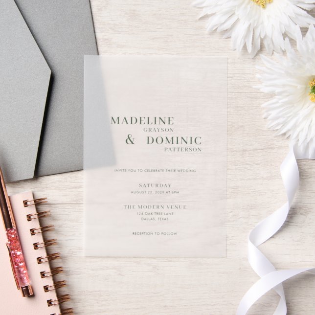 Madeline Forest Green Simple Modern Wedding Vellum Invitations (Wedding)