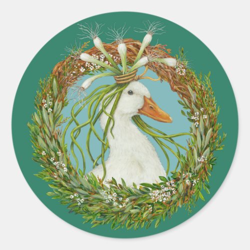 Madeline in spring wreath with teal background classic round sticker