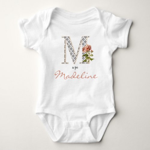 Madeline Name Reveal Floral Letter M Girl Flower Baby Bodysuit