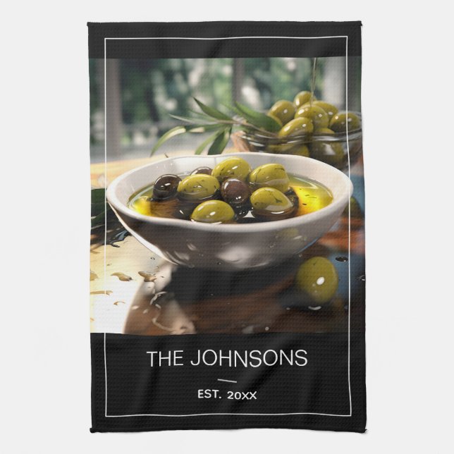 Madern Black White Photo & Family Name Monogram Kitchen Towel (Vertical)